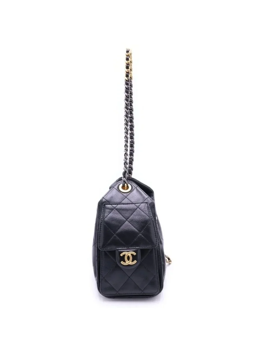 Chanel 25 Mini Chain Shoulder Bag Black Leather Silver Gold